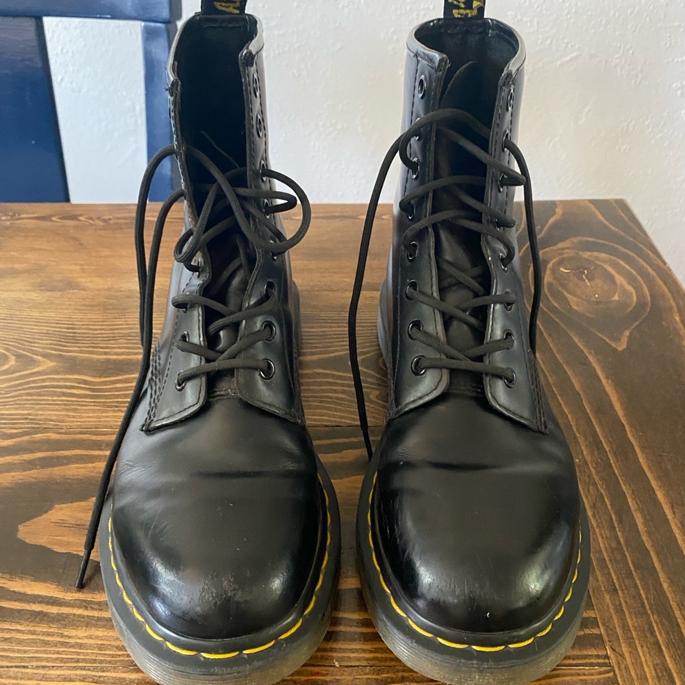 Dr. Martens Black Leather Boots with Yellow Stitching